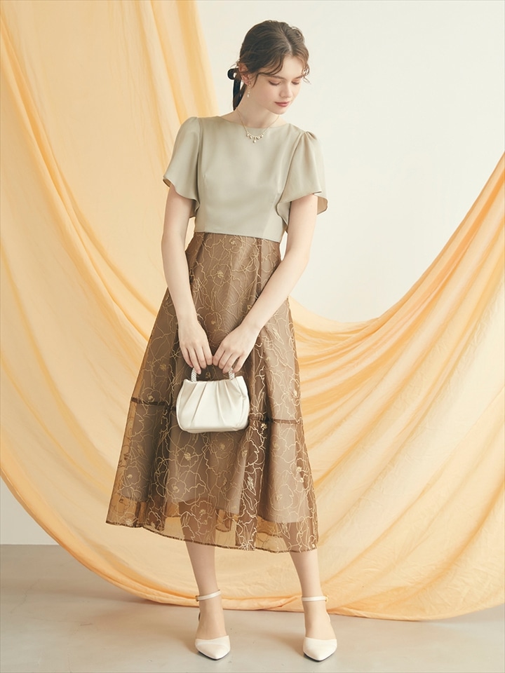 フレアスリーブ花柄プリントフレアドレス|ブラウン