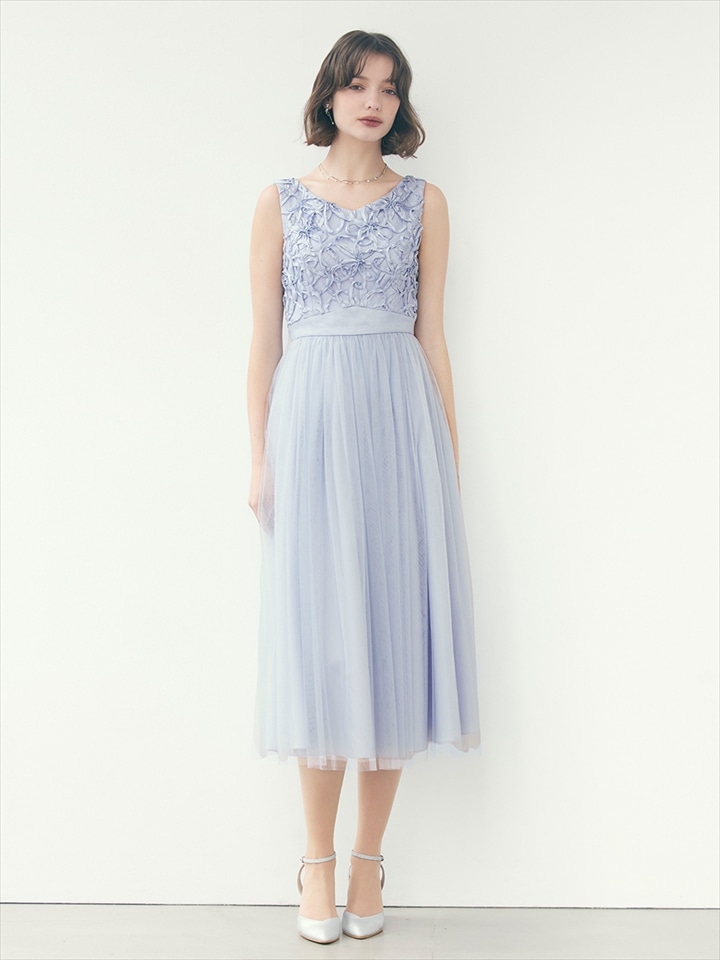 リボンテープ刺繍チュールギャザーフレアドレス|サックス