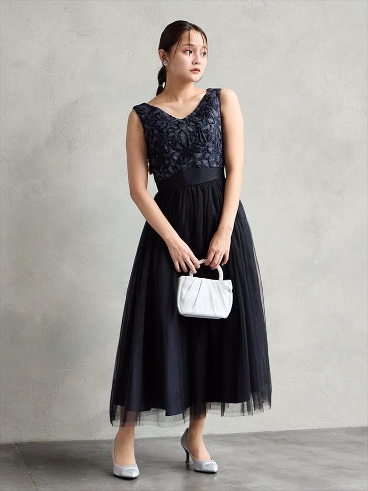 リボンテープ刺繍チュールギャザーフレアドレス|ネイビー