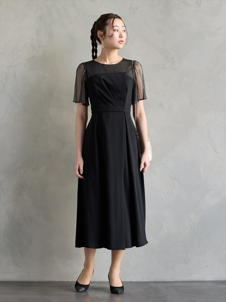 ラメチュール×マットサテンフレアドレス|ブラック