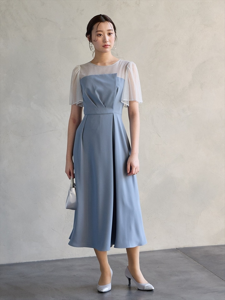 ラメチュール×マットサテンフレアドレス|ブルーグレー