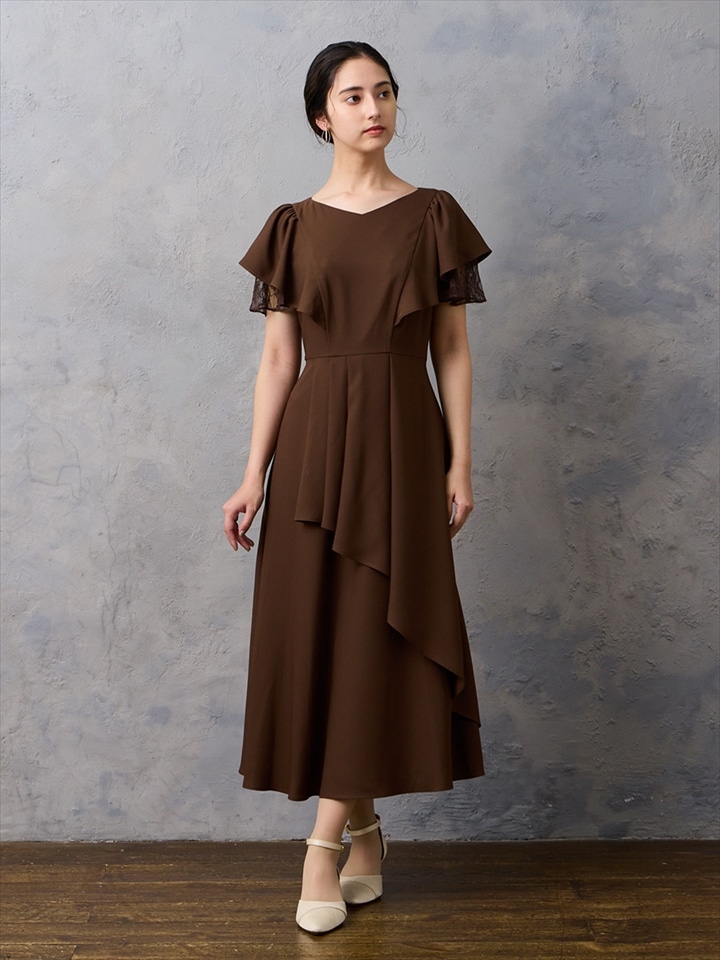レースレイヤードスリーブラッフルスカートドレス|ブラウン