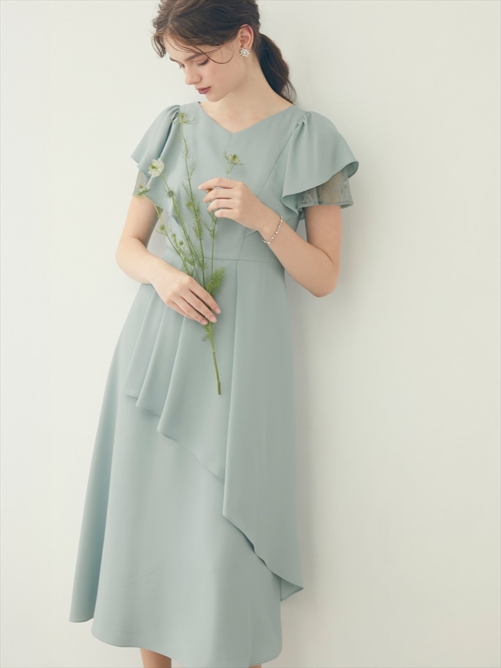 レースレイヤードスリーブラッフルスカートドレス|スモーキーグリーン