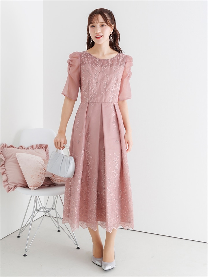 スパンコール小花刺繍フィット＆フレアドレス|オールドローズ