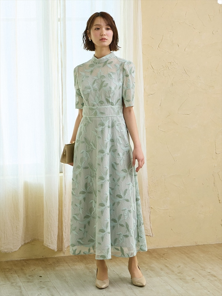 チュール刺繍×ドットチュールプチハイネックフィット＆フレアドレス|ライトグリーン