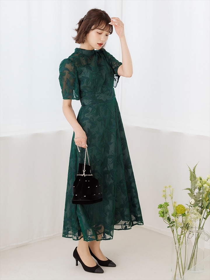 チュール刺繍×ドットチュールプチハイネックフィット＆フレアドレス|ボトルグリーン