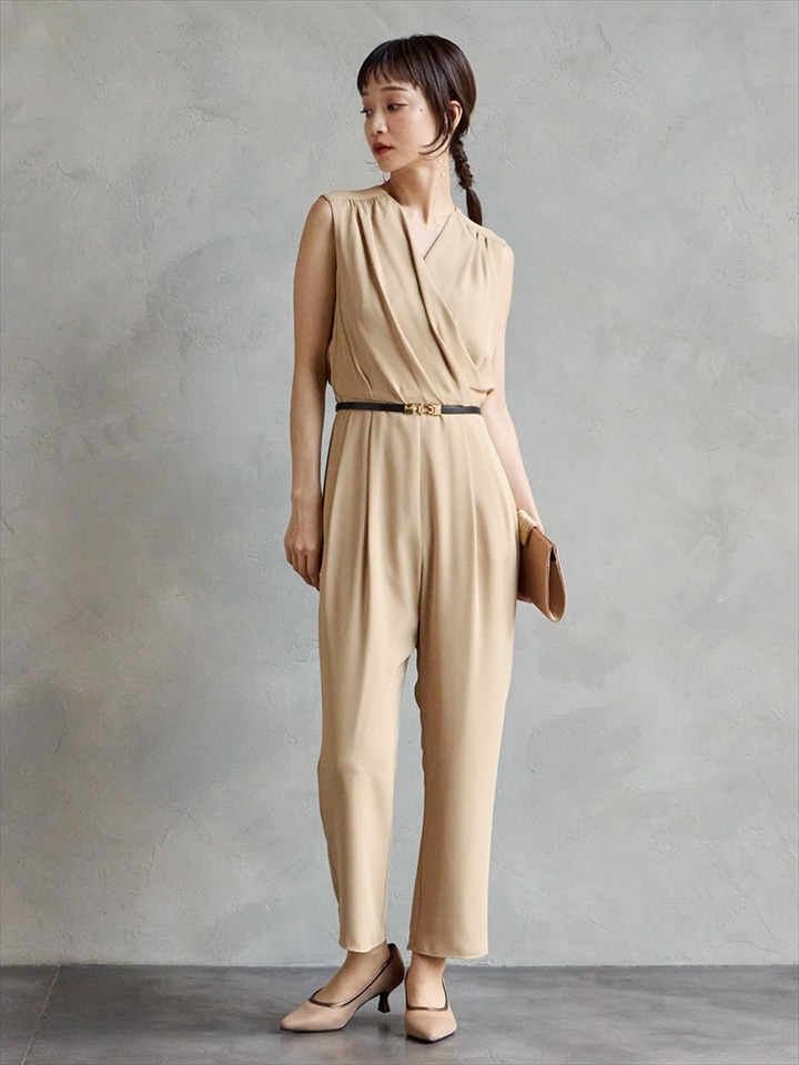 カシュクールテーパードオールインワン|イエローベージュ