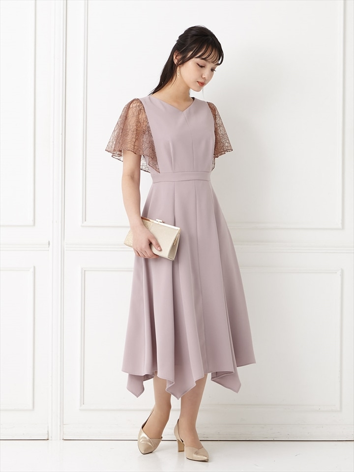 イレギュラーヘム・ミモレ丈ドレス|ピンク