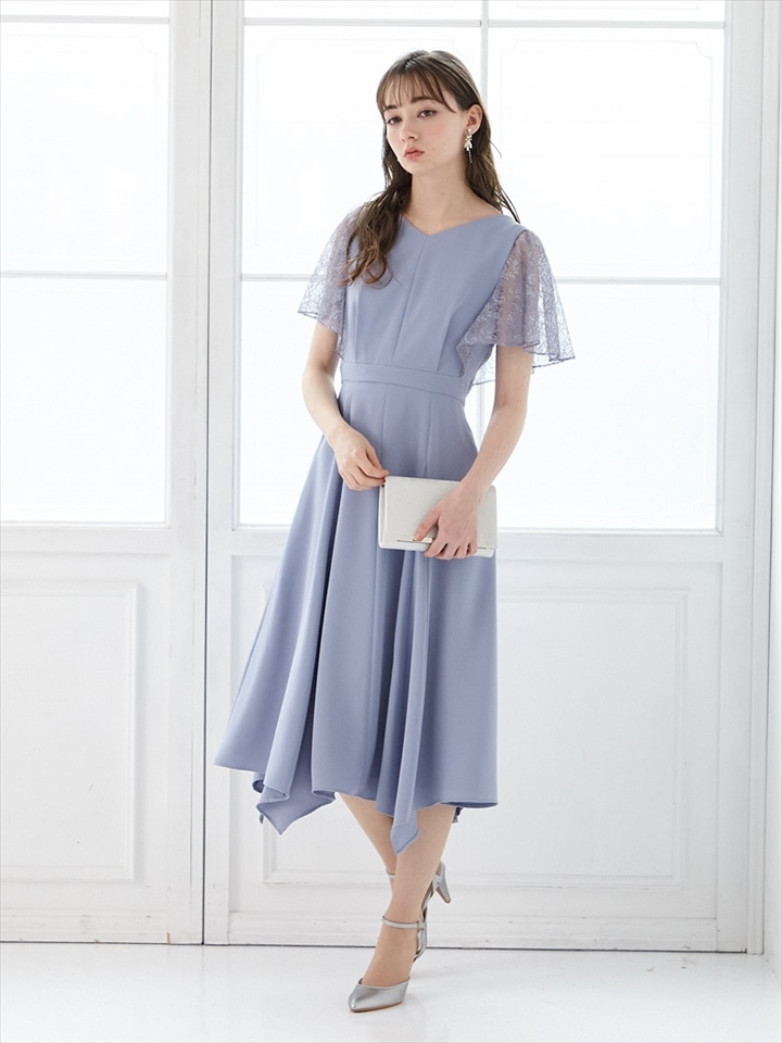 イレギュラーヘム・ミモレ丈ドレス|スカイブルー