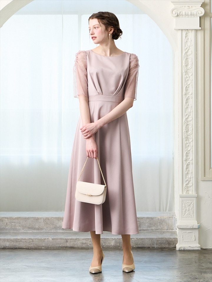 サテンレースギャザースリーブフレアドレス|ピンク