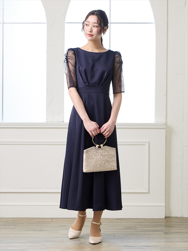 サテンレースギャザースリーブフレアドレス|ネイビー