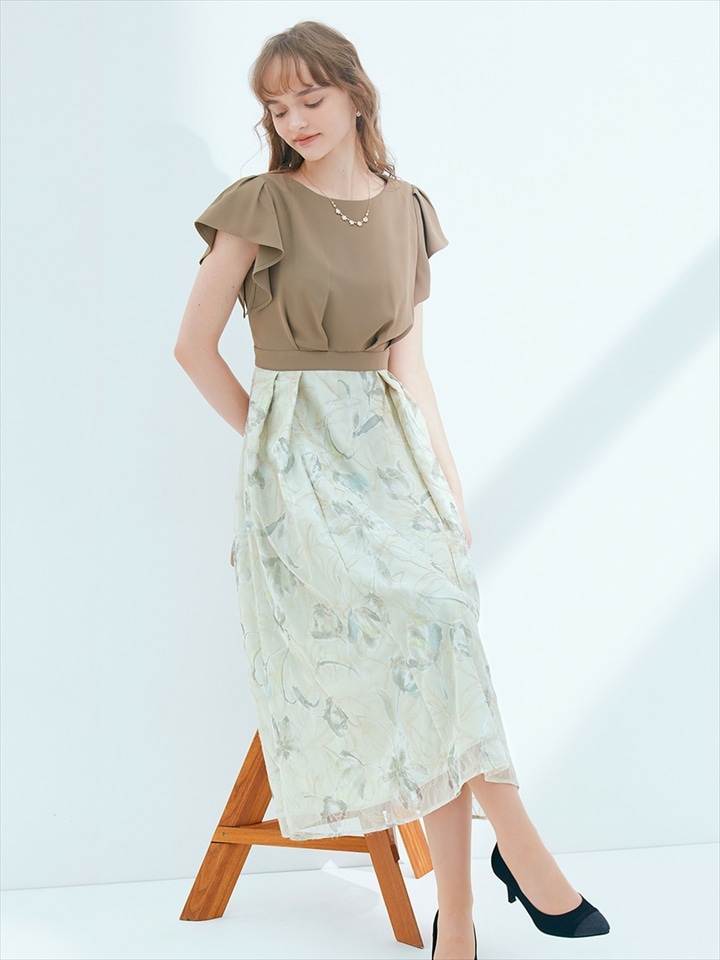 ジョーゼットプリントモール刺繍フレアドレス|イエロー