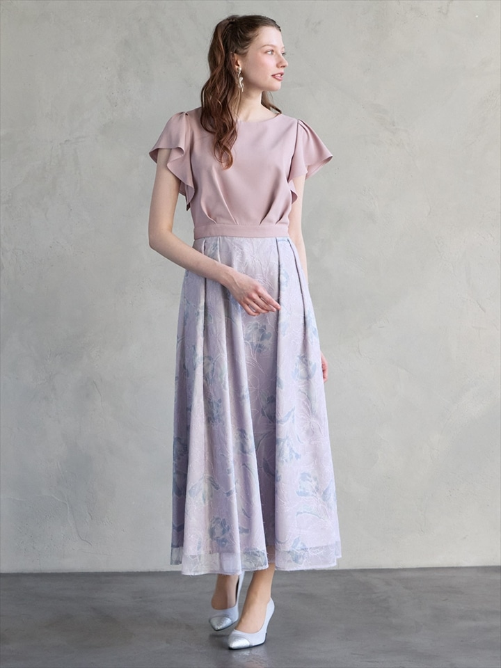 ジョーゼットプリントモール刺繍フレアドレス|ラベンダー