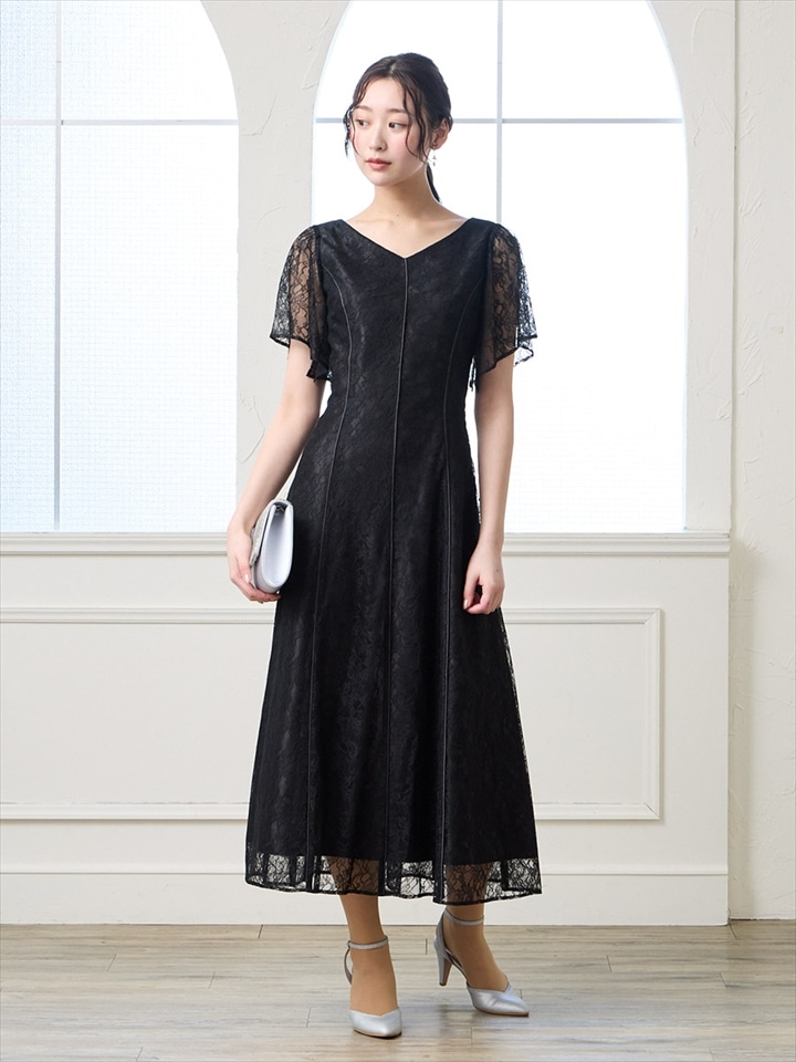 ラッセルレースVネックパイピングフレアドレス|ブラック