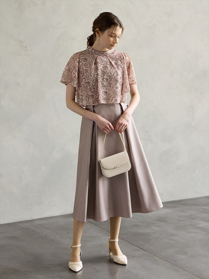 レースブラウス付シャンタンフィット&フレアドレス|ピンク