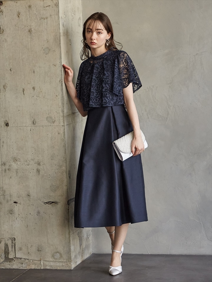 レースブラウス付シャンタンフィット&フレアドレス|ネイビー