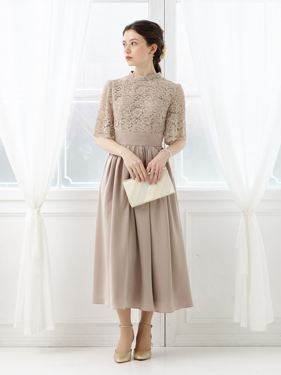 プチハイネック袖レースフレアドレス|モカ