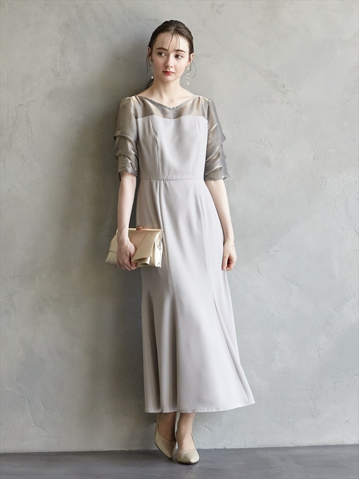 【WEB/Aimer Acret店限定】シャンブレオーガンジータックスリーブマーメイドラインドレス|ライトグレー