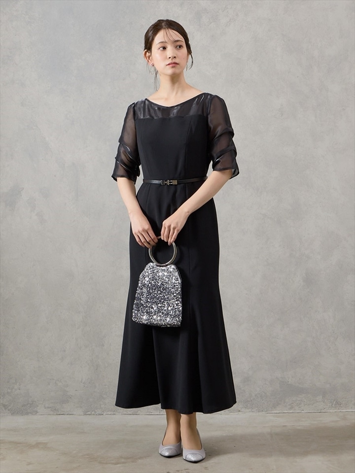 【WEB/Aimer Acret店限定】シャンブレオーガンジータックスリーブマーメイドラインドレス|ブラック