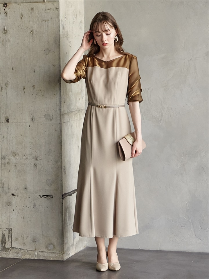 【WEB/Aimer Acret店限定】シャンブレオーガンジータックスリーブマーメイドラインドレス|ベージュ