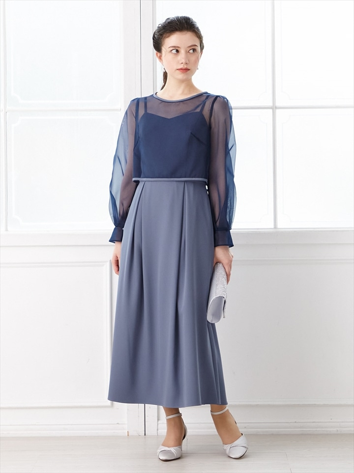 オーガンジーブラウス付きフィット＆フレアドレス|ダルブルー