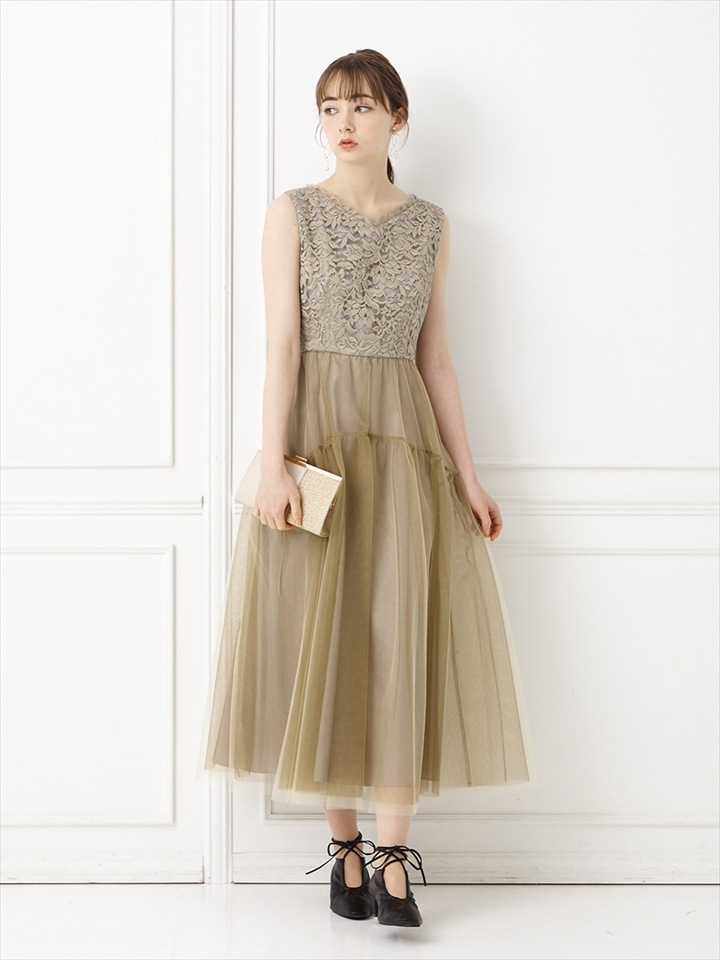 リバーレース×チュールフィット&フレアドレス|グレージュ