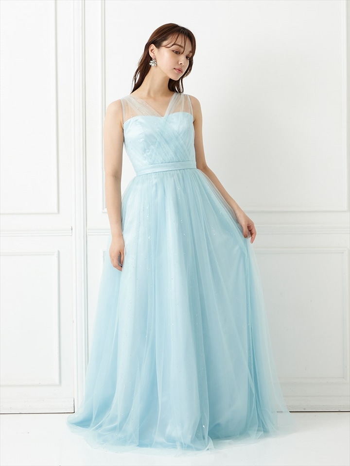 sparkly/チュール×グリッターAラインドレス|サックス