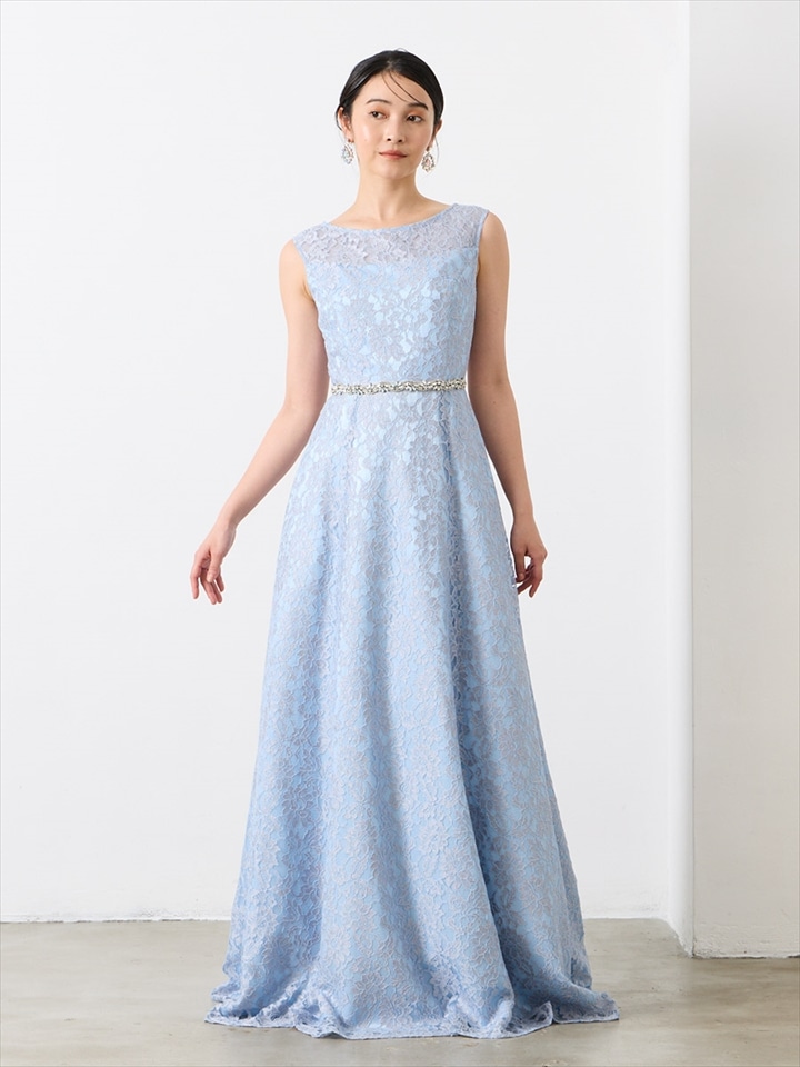 ラメレースロングドレス|サックス