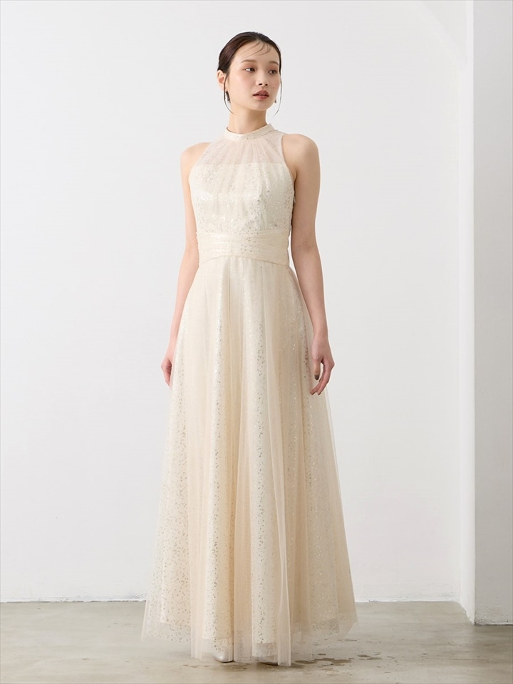 箔チュールホルターネックロングドレス|アイボリー