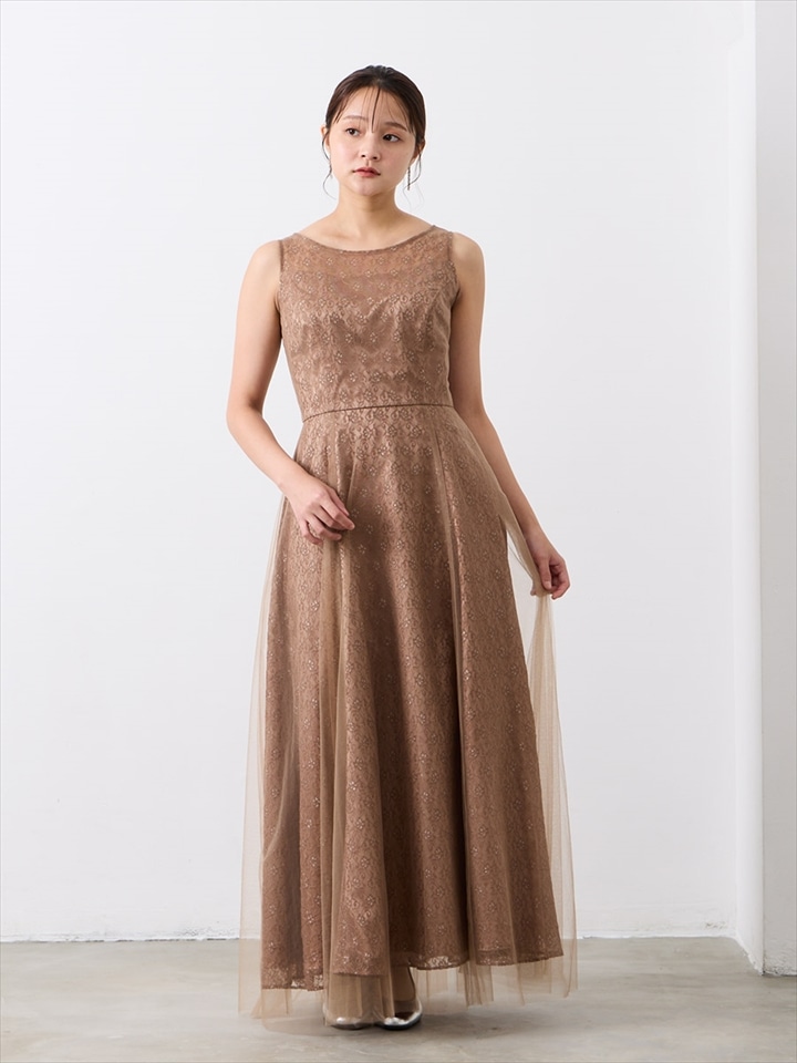 チュールレースアンクルドレス|ブラウン
