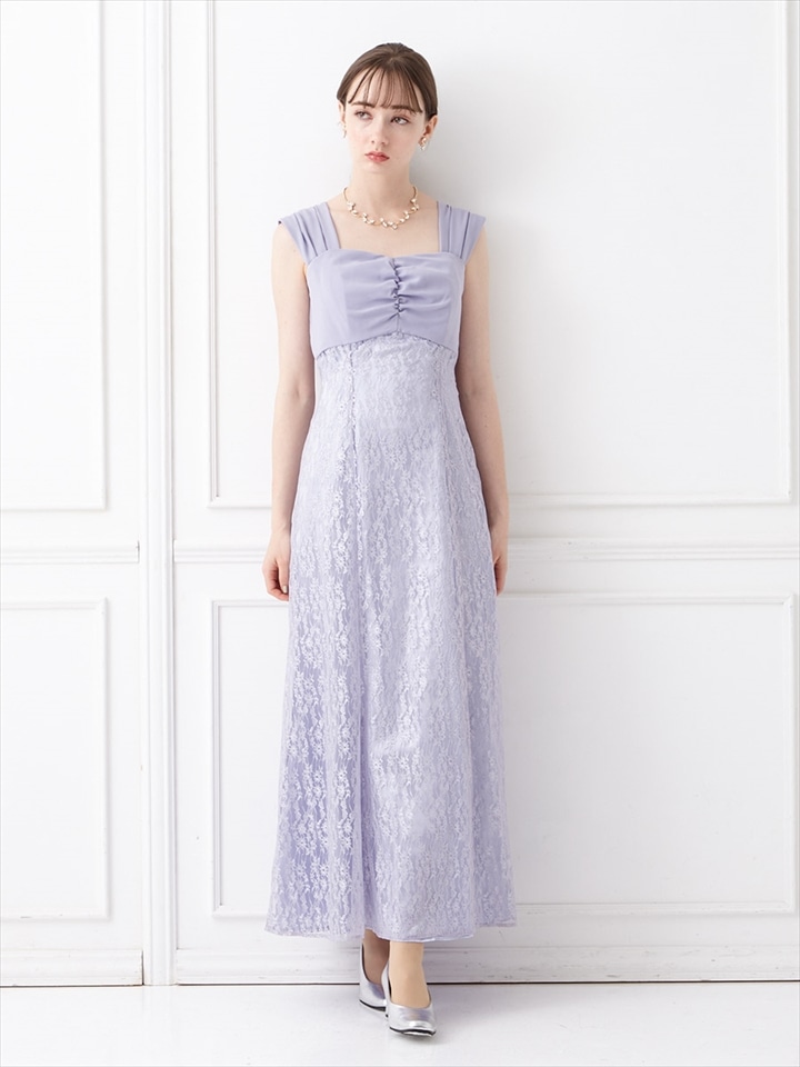 【残りわずか】ジョーゼット×ラメレースアンクルドレス|ラベンダー