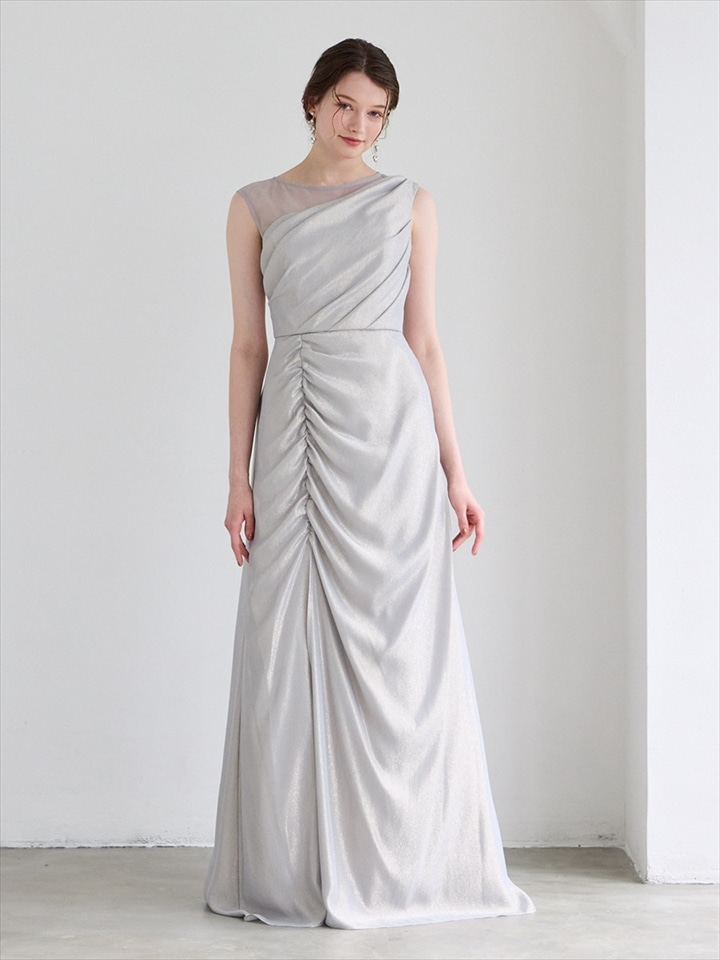 Veyra/ラメジョーゼットワンショルダー風スレンダーロングドレス|ライトグレー