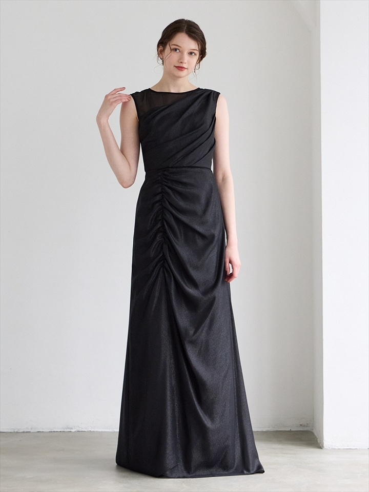 Veyra/ラメジョーゼットワンショルダー風スレンダーロングドレス|ブラック