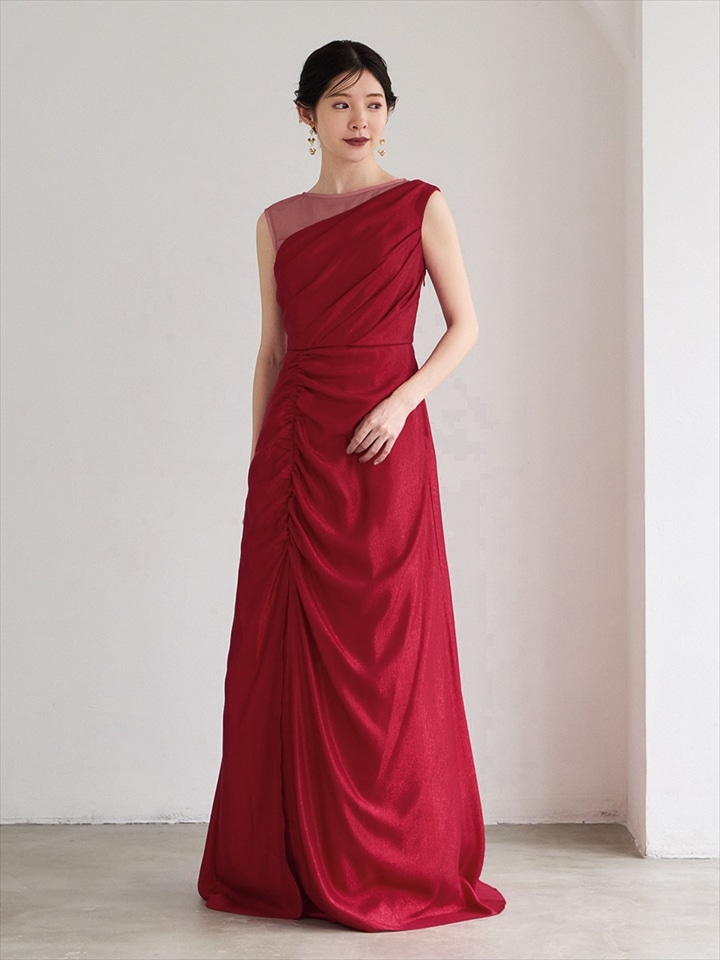 Veyra/ラメジョーゼットワンショルダー風スレンダーロングドレス|レッド