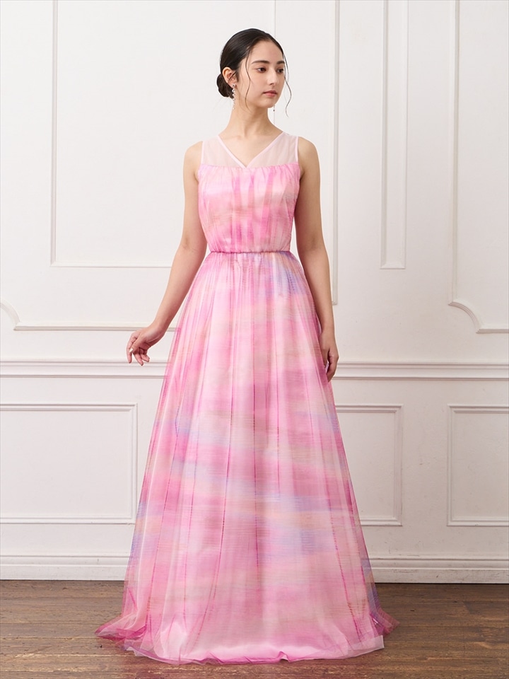 チュールヨーク×グラデーションチュールロングドレス|ピンク