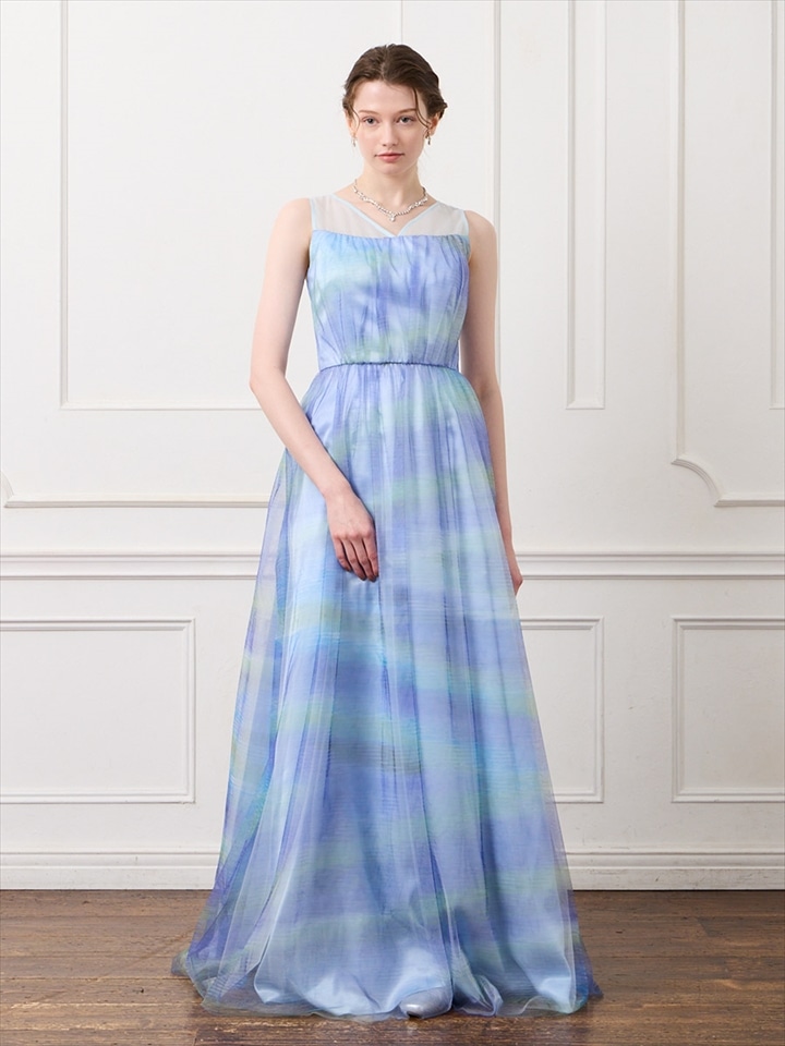 チュールヨーク×グラデーションチュールロングドレス|サックス
