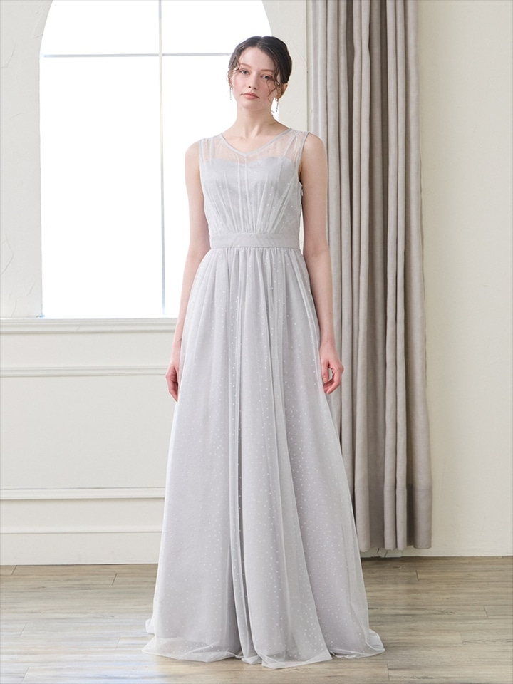 グリッタードットチュールロングドレス|ライトグレー