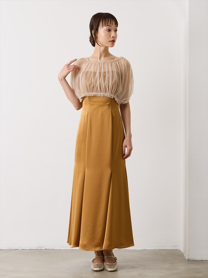 【残りわずか】ブラウス付きソフトマーメイドアンクルドレス|キャメル