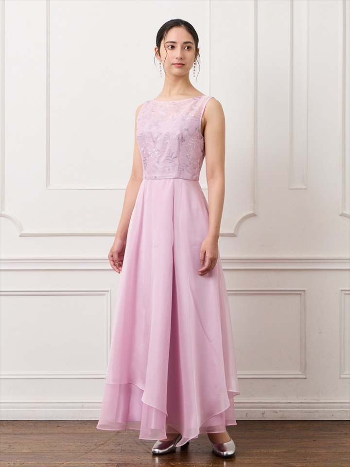 ラメ刺繍×アシンメトリーヘムアンクル丈ドレス|ピンク