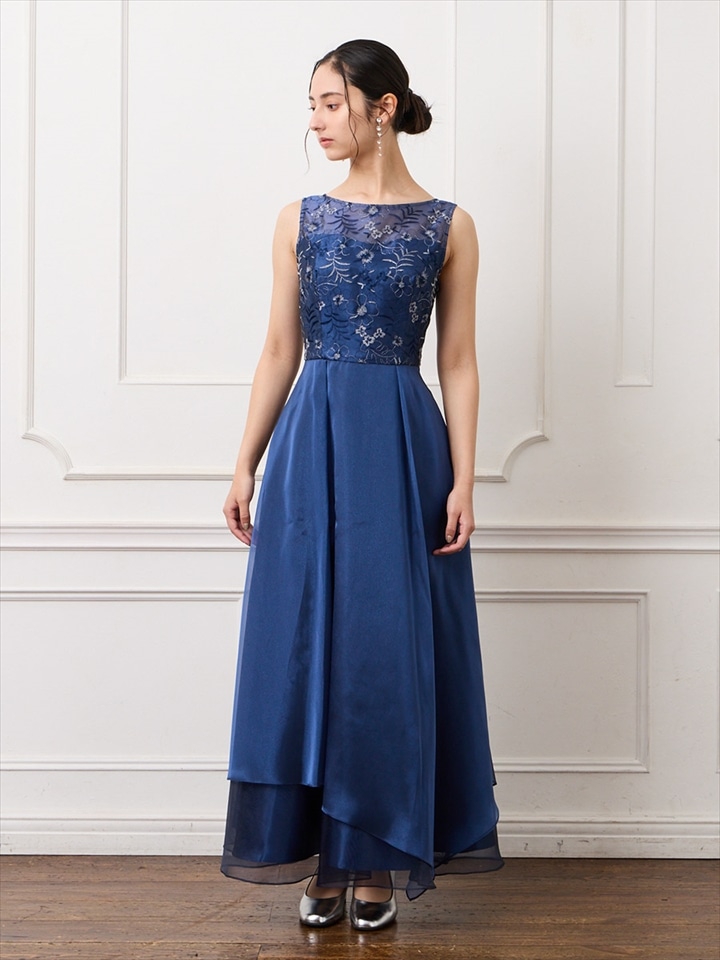 ラメ刺繍×アシンメトリーヘムアンクル丈ドレス|ネイビー