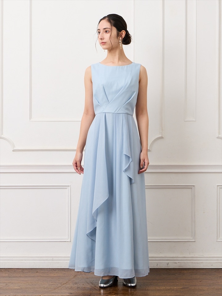 ラメジョーゼットラッフルデザインアンクル丈ドレス|サックス