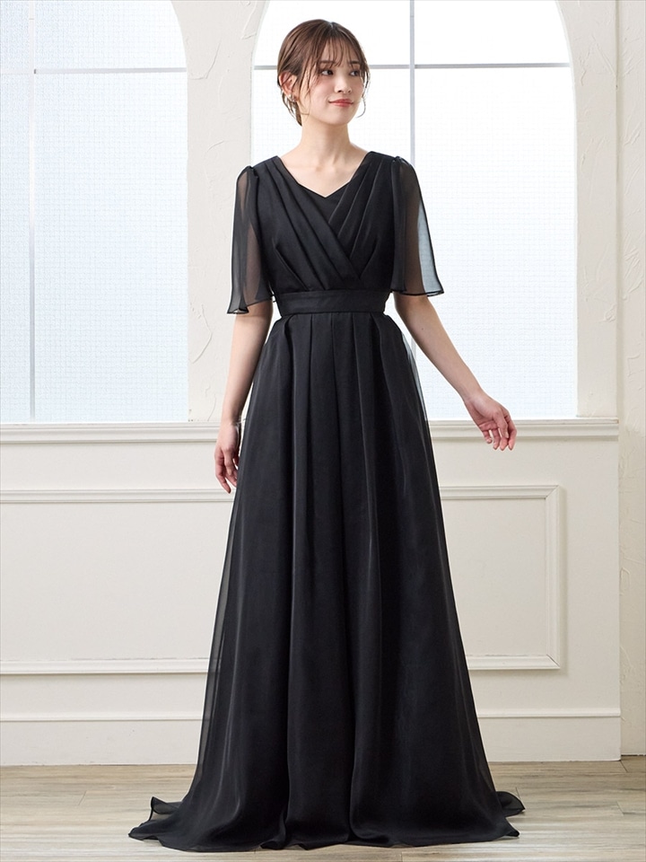 袖付きソフトオーガンジーロングドレス|ブラック