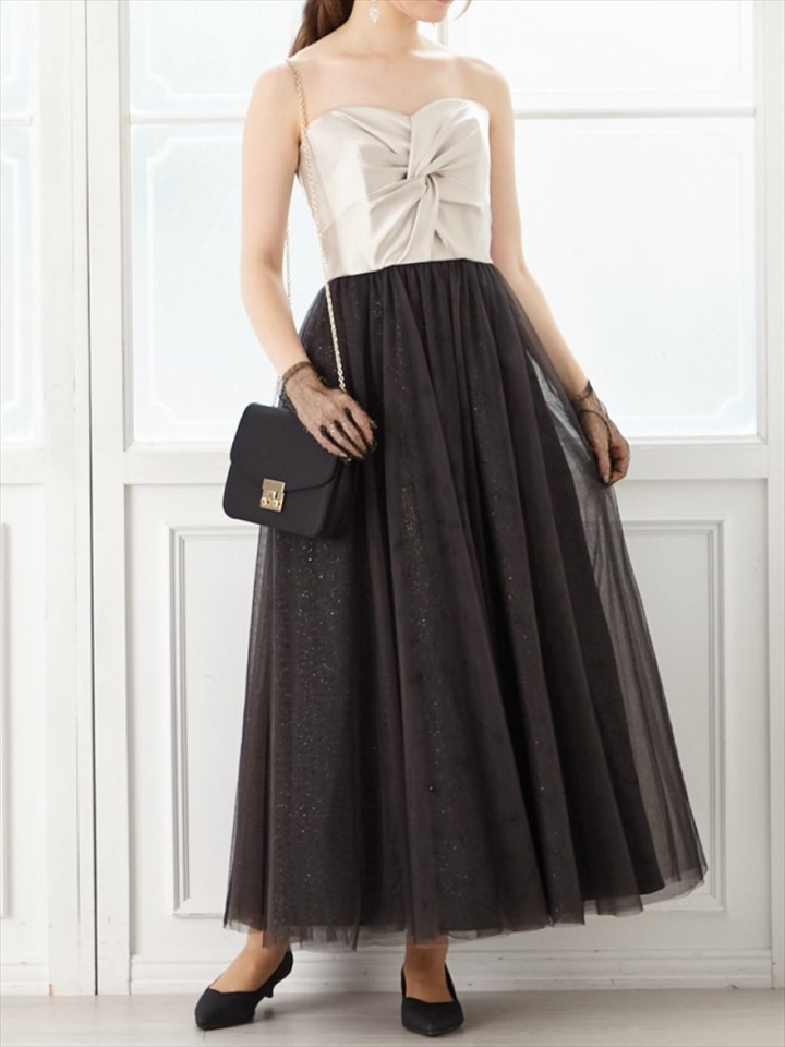 【残りわずか】サテン×チュールアンクルドレス|ベージュ