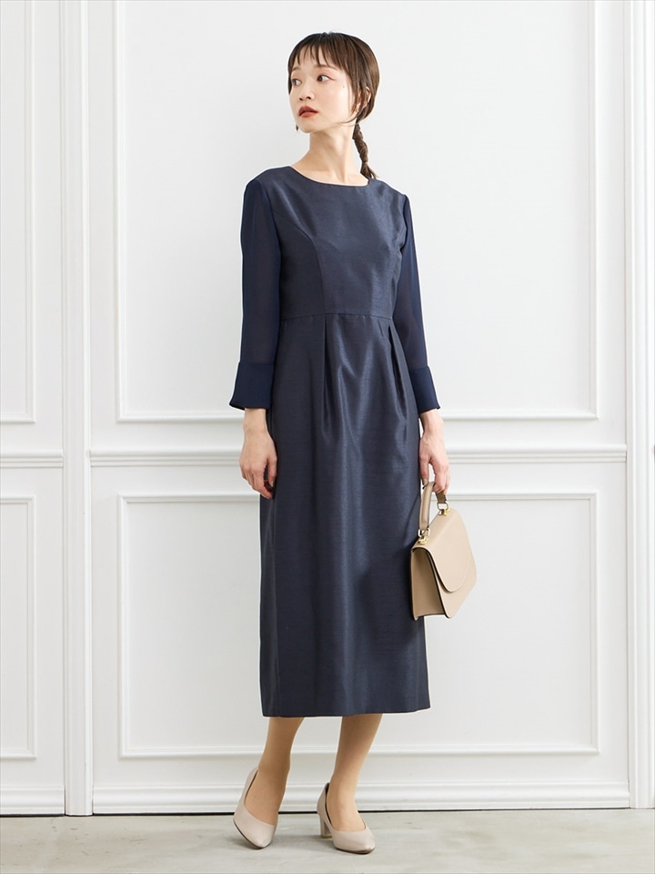 シフォンスリーブシャンタンIラインドレス|ネイビー
