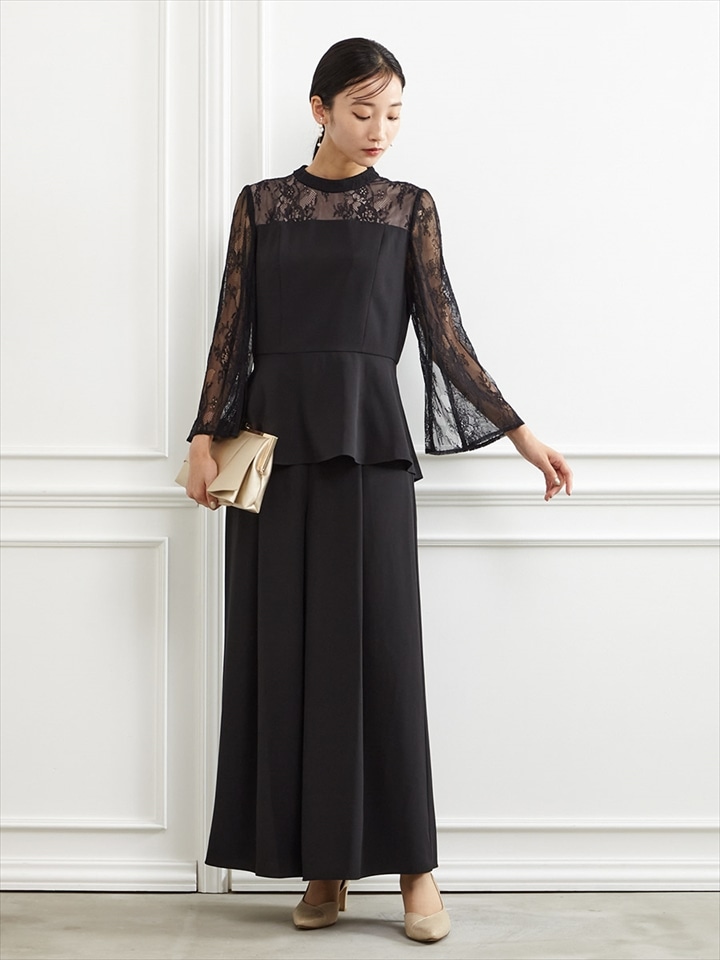 レーススリーブペプラムブラウスワイドパンツセットアップ|ブラック