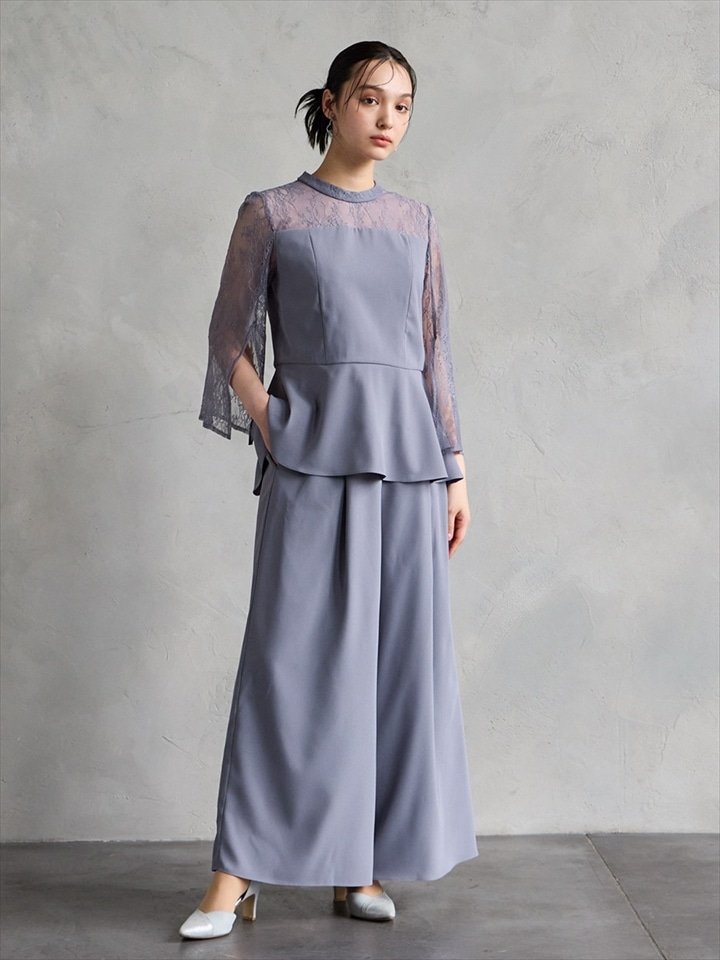 レーススリーブペプラムブラウスワイドパンツセットアップ|サックス