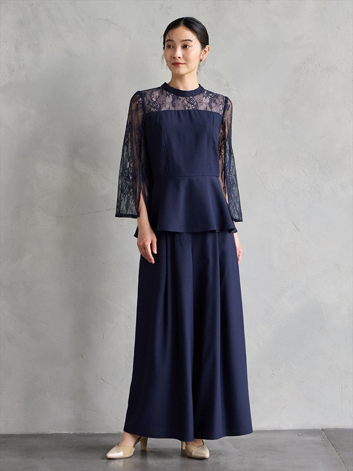 レーススリーブペプラムブラウスワイドパンツセットアップ|ネイビー