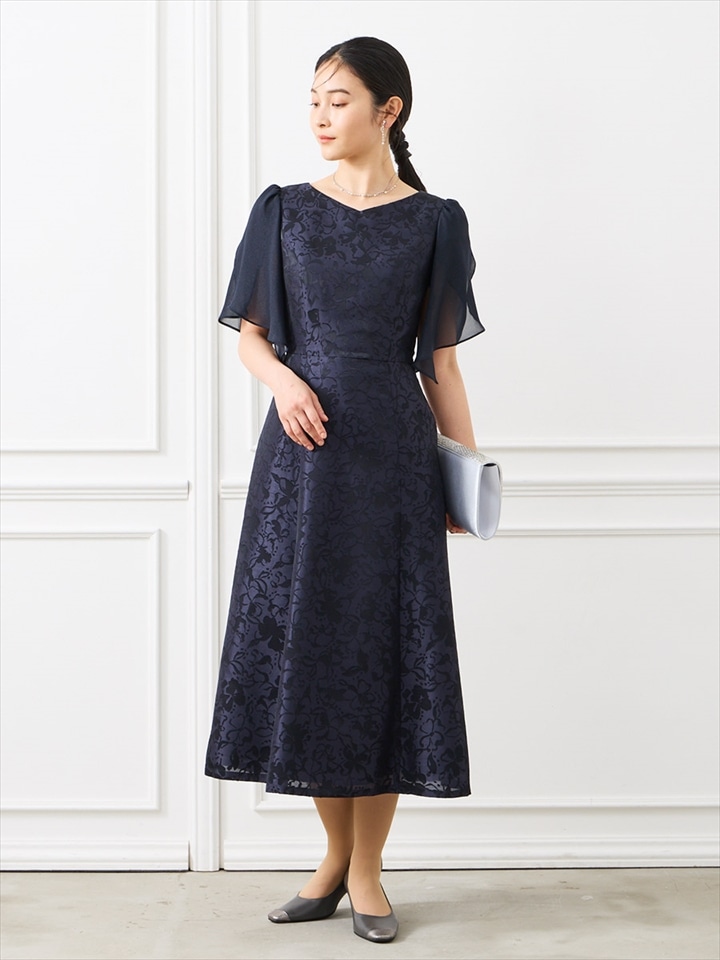 ラメシフォンスリーブ×シャンタンオパールフィット＆フレアドレス|ネイビー