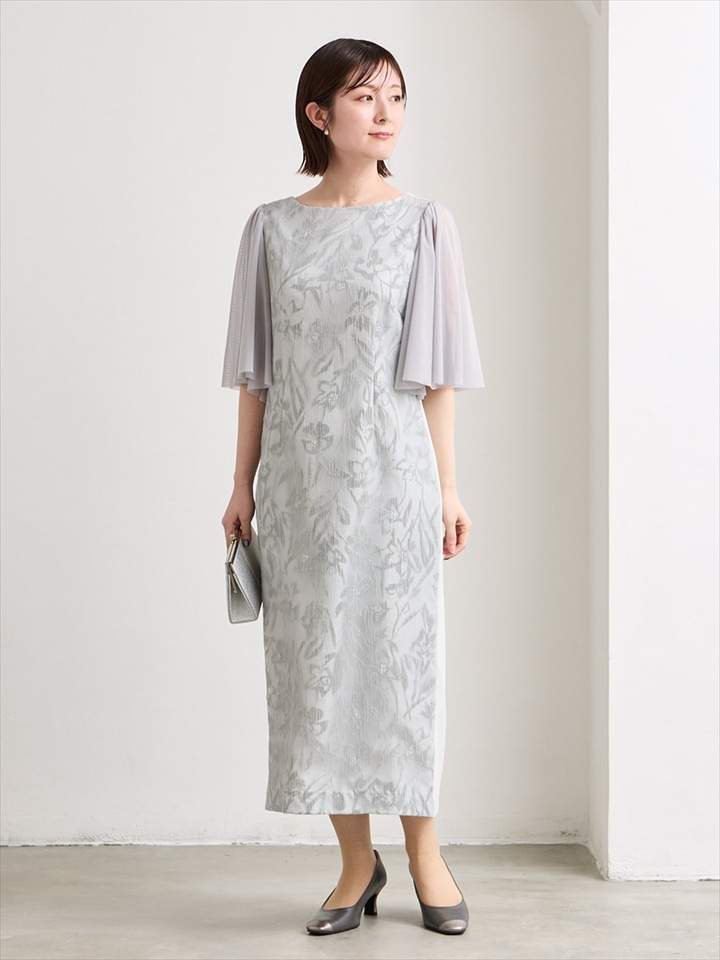 チュール袖フロッキープリントワンピース|サックス