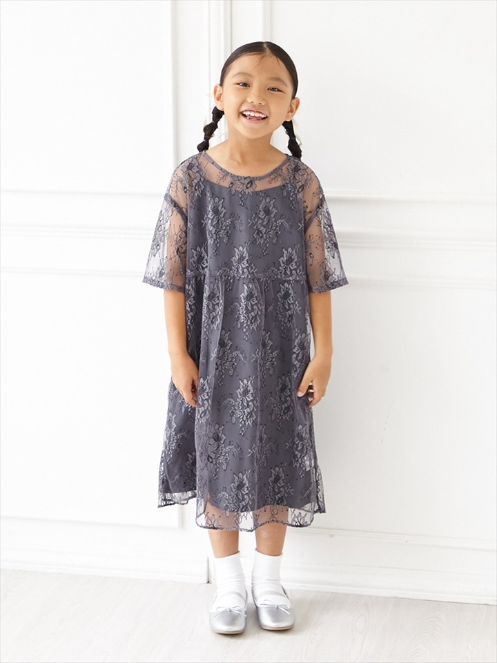 袖付き配色レースキッズドレス|グレー